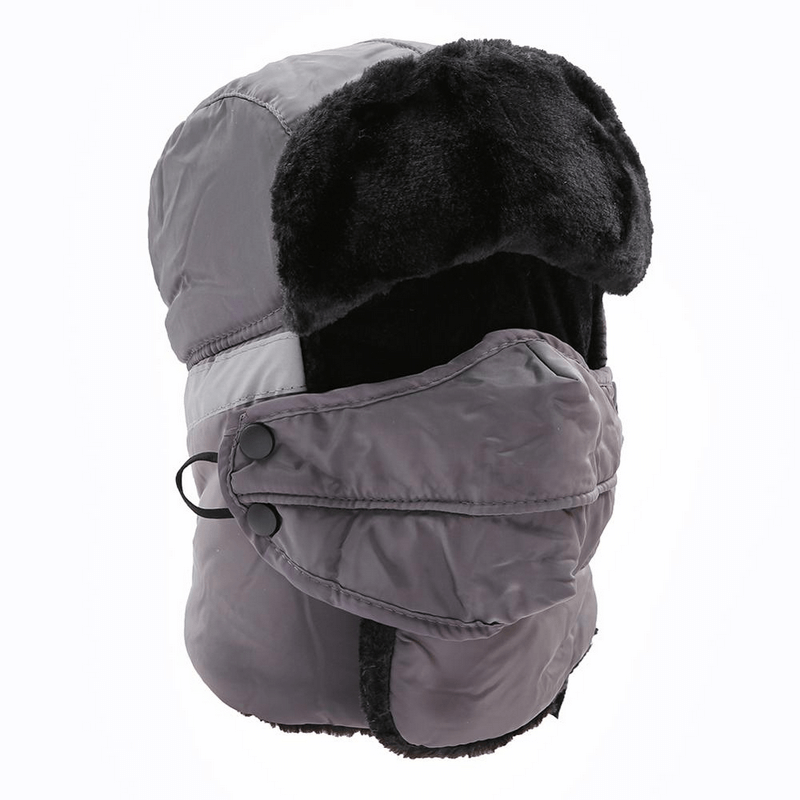 Winter windproof ski cap with earflaps and closed neck, perfect for mountain adventures. Unisex design, gray color, product code SF0953.